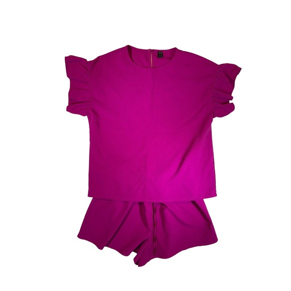 SHEIN Pants - Women's Fuchsia Ruffle Sleeve Top and Elastic Waist Shorts Set